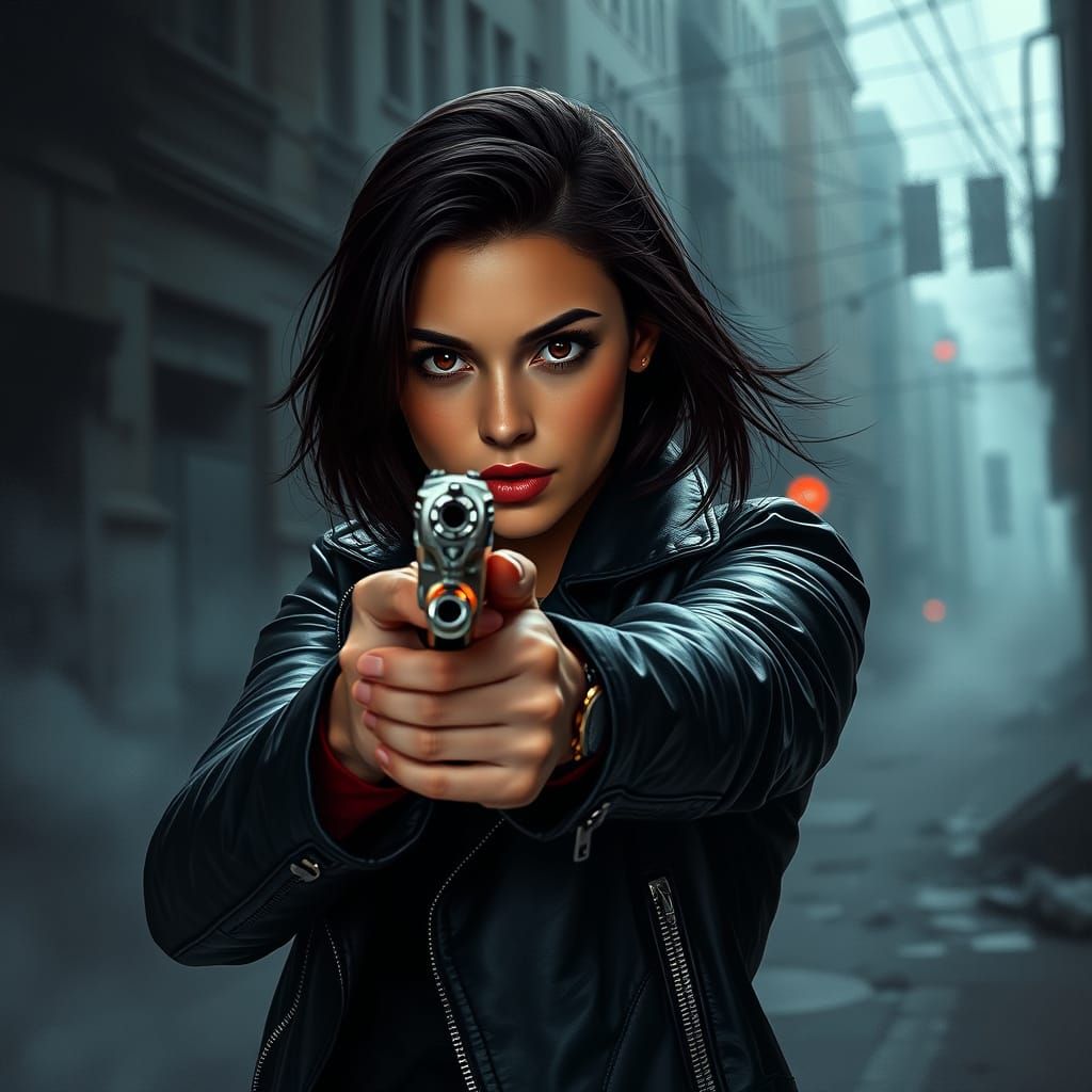 Confident Gunwoman in Neon-Lit Cityscape