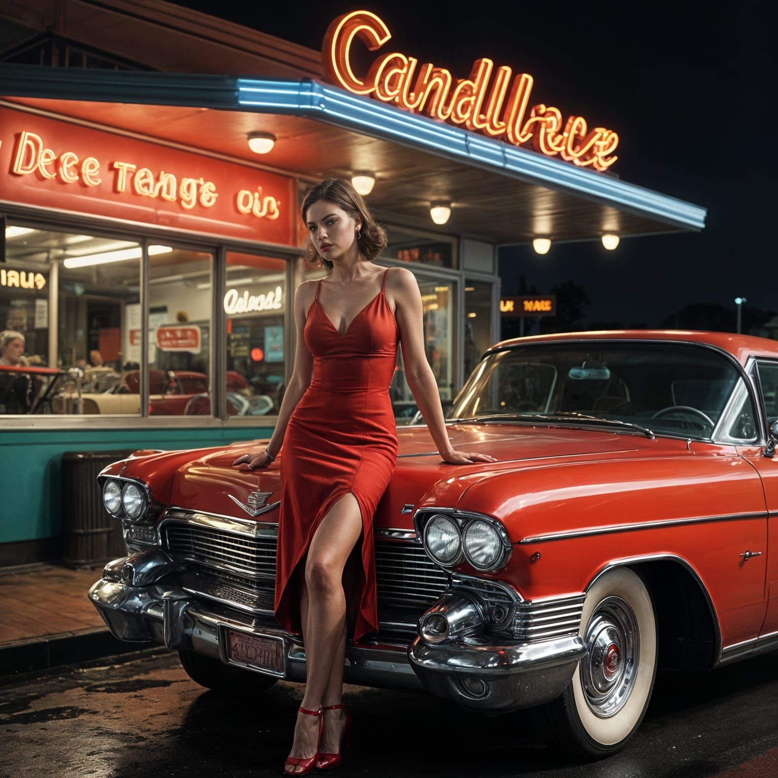 Futuristic Diner Scene with Lady and Luxury Car