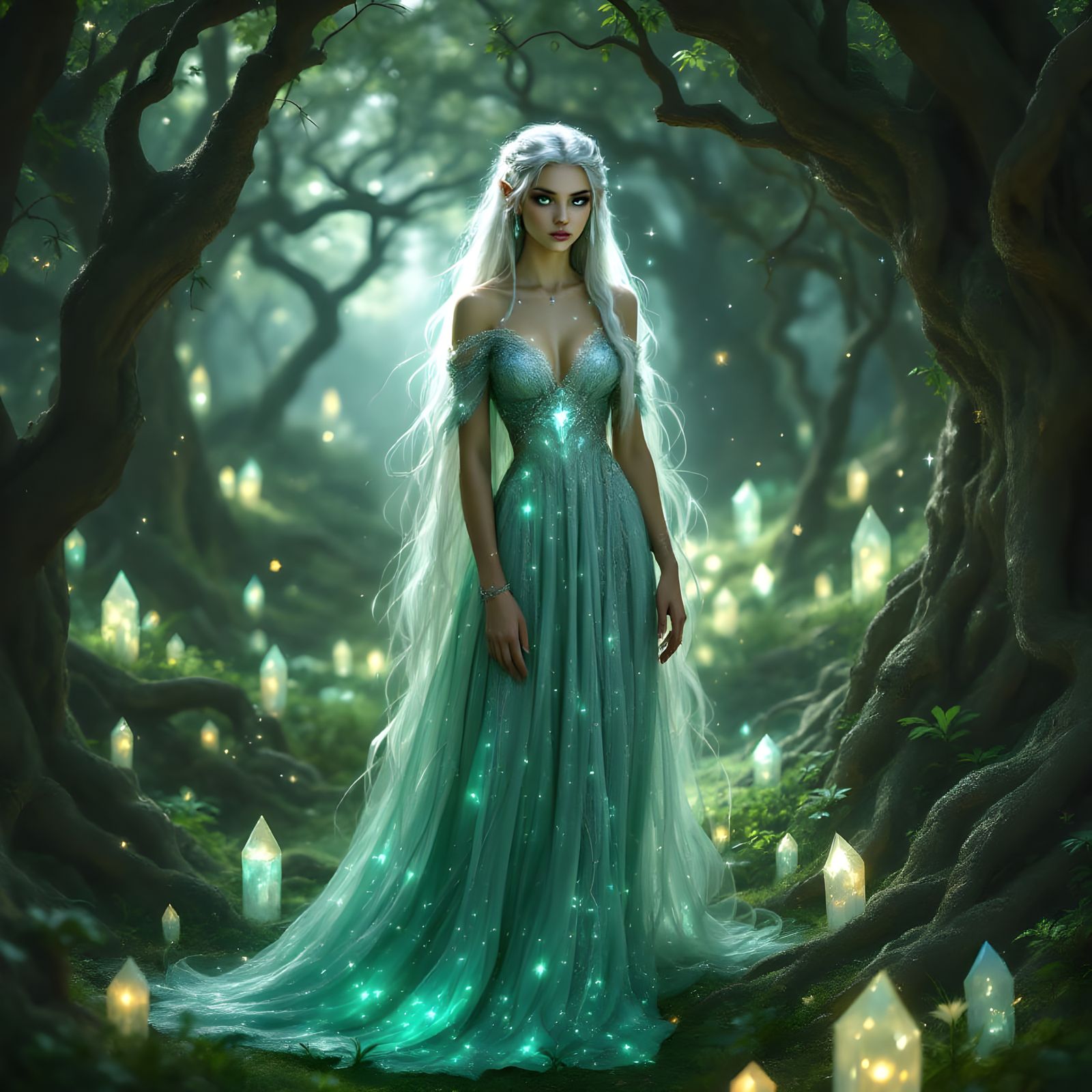 Ethereal Elven Sorceress in Crystal Forest