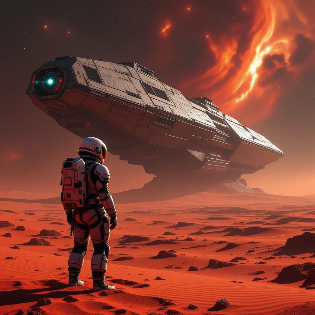 Astronaut on Alien Planet Gazing at Starship in Crimson Sand