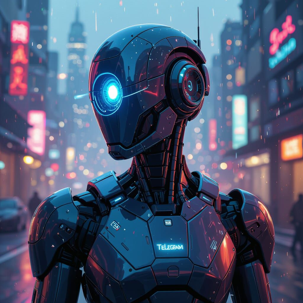 Futuristic Telegram Android Drone in Neon Cityscape