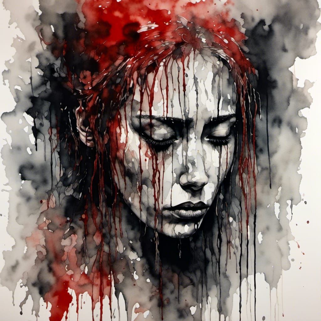 Distressed Woman Portrait in Watercolor Style