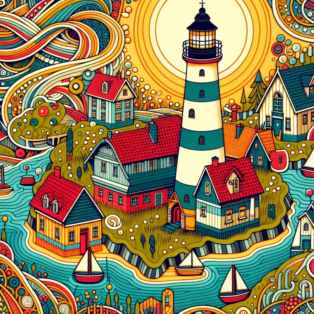 Lighthouse on Island with Cottages in Art Brut Style