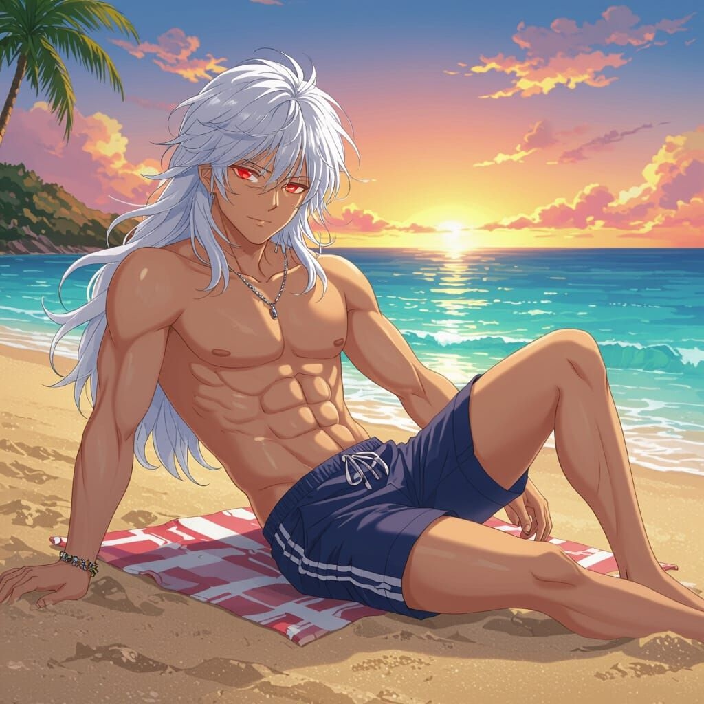 Anime-Style Young Man with Red Eyes on Beach