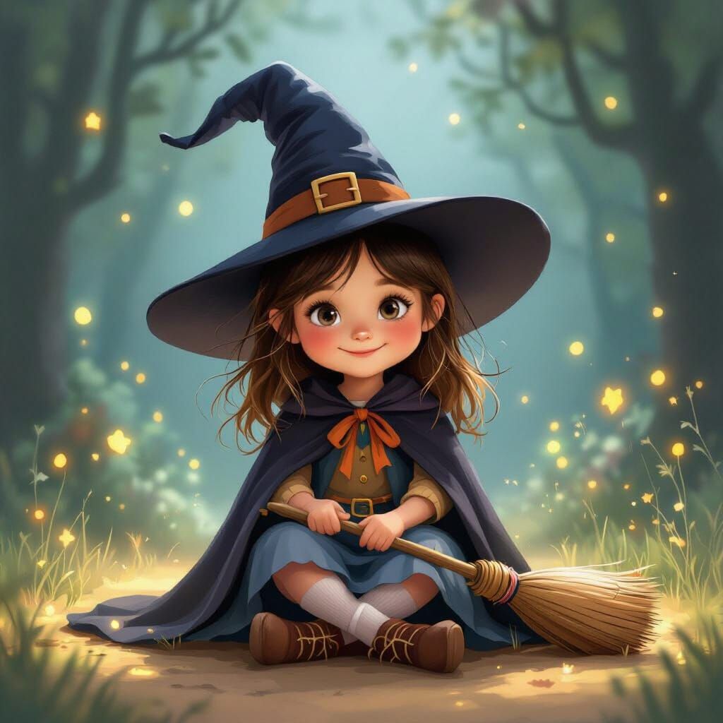 Whimsical Witch Girl with Broomstick