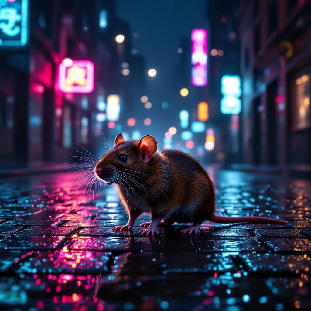 Cinematic Rat Portrait on Neon City Street at Night