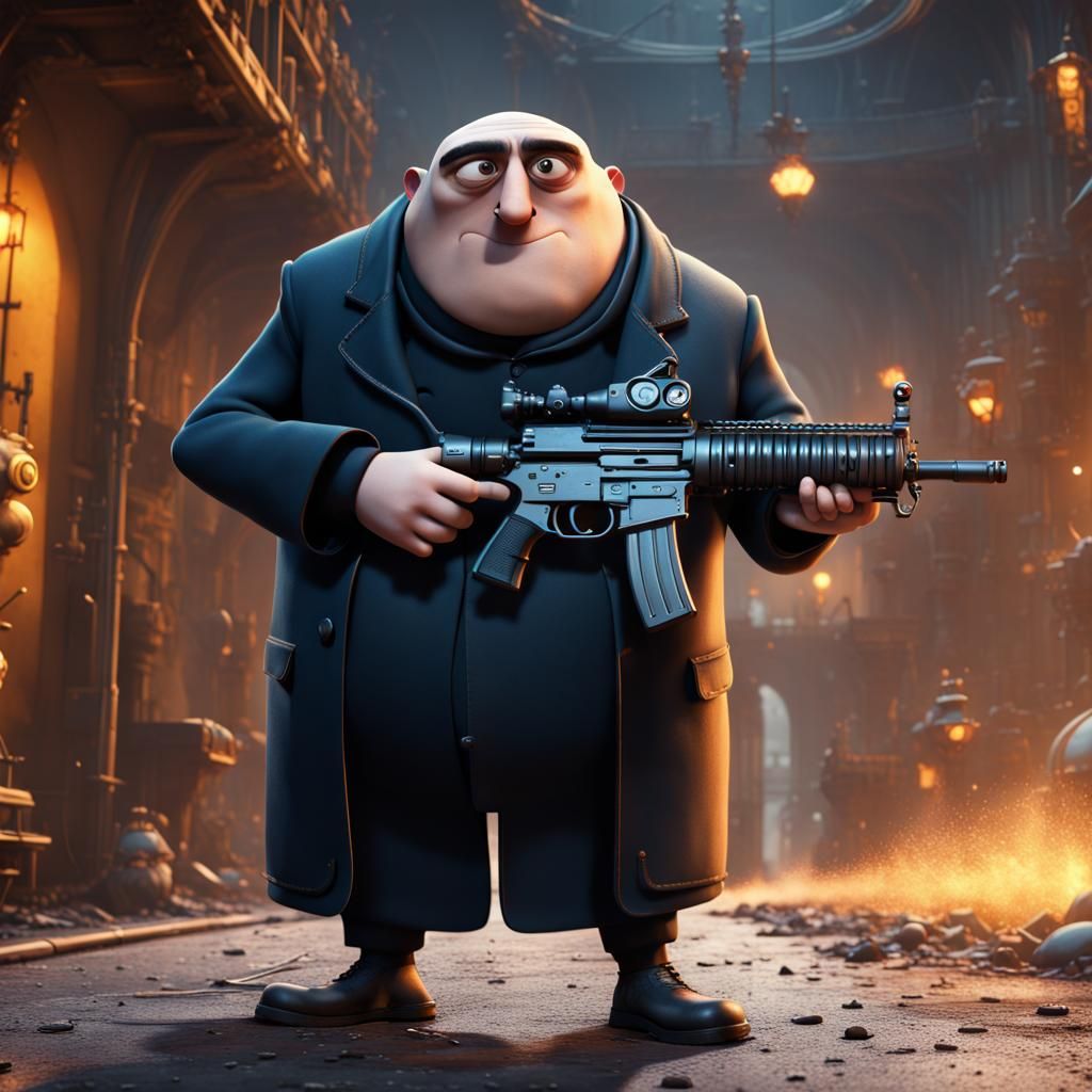 Gru with Machine Gun: Detailed Matte Painting