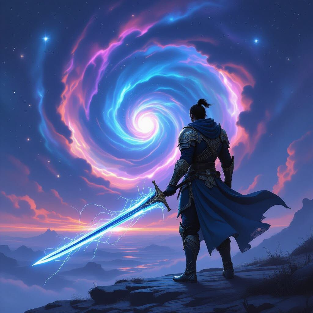 Mystical Swordsman at Cosmic Vortex Edge