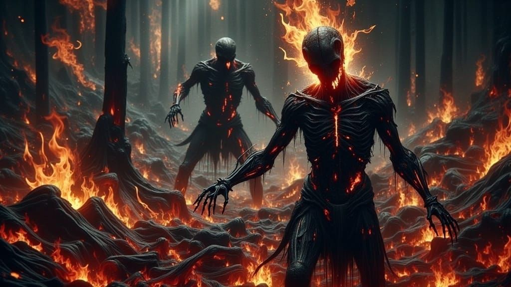 Tormented Soul Descending into Hellish Gothic Landscape