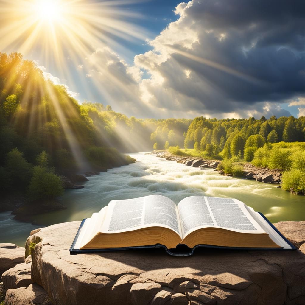 Open Bible with River and Heavenly Light