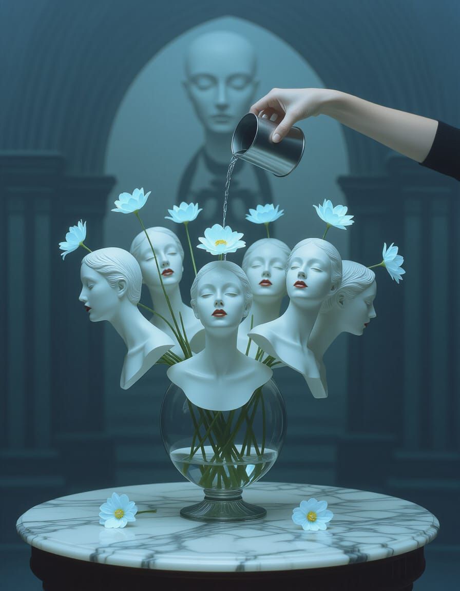 Surreal Dreamscape with Bizarre Floral Busts and Faceless Fi...