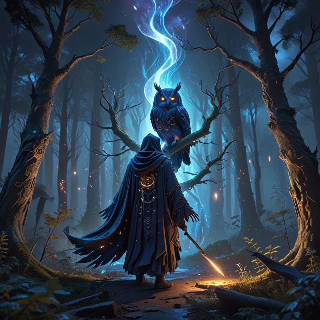 Wizard Conjures Spectral Owl in Cosmic Forest