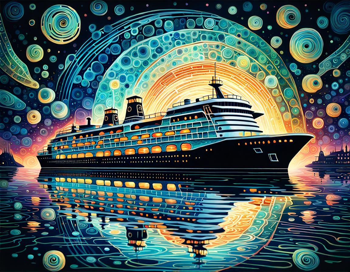 Bioluminescent Cruise Ship Harbor Scene in Retro-Futuristic ...