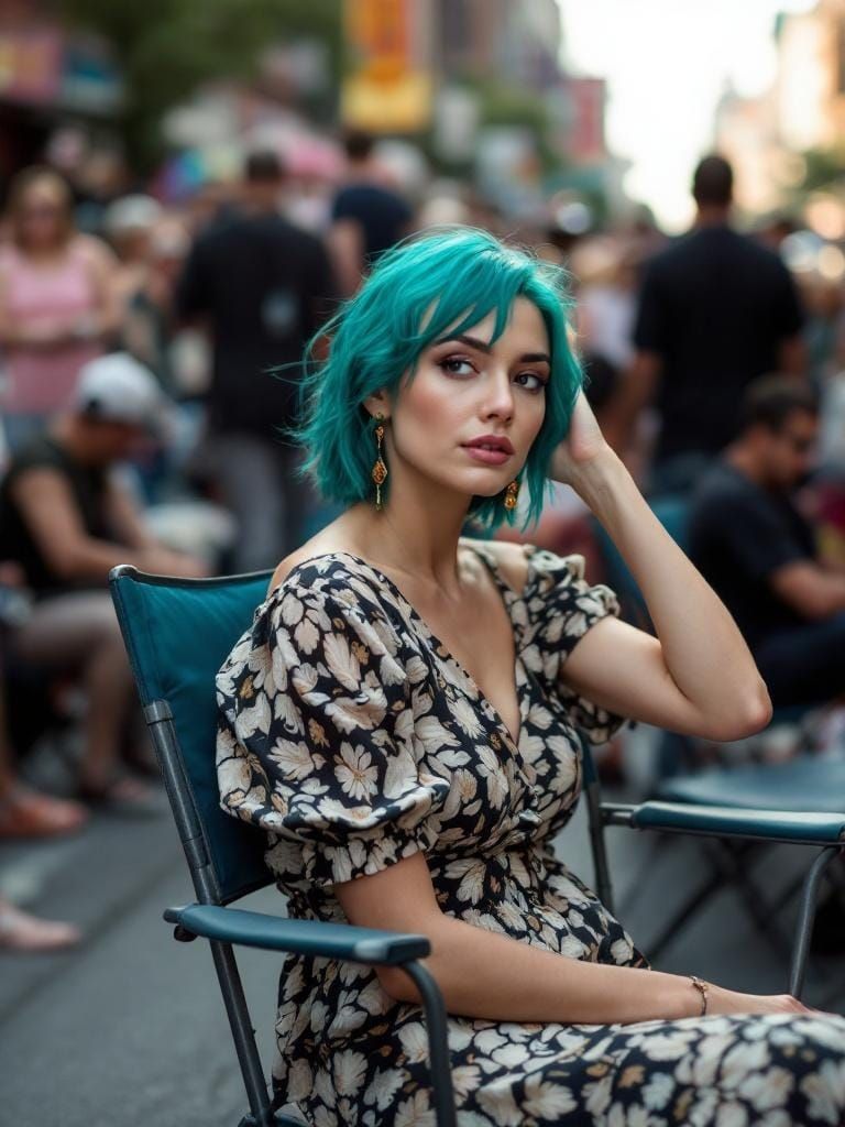 Contemplative Woman with Teal Hair at City Parade