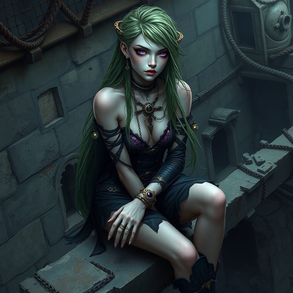 Steampunk Gothic Goddess with Wild Green Hair and Piercing P...