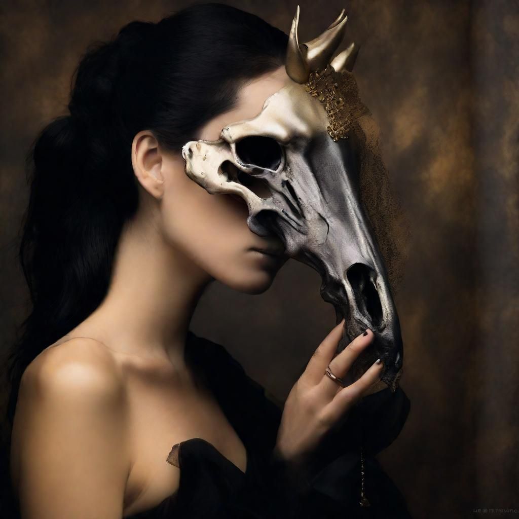 Woman with Unicorn Skull Headdress: Surreal Portrait