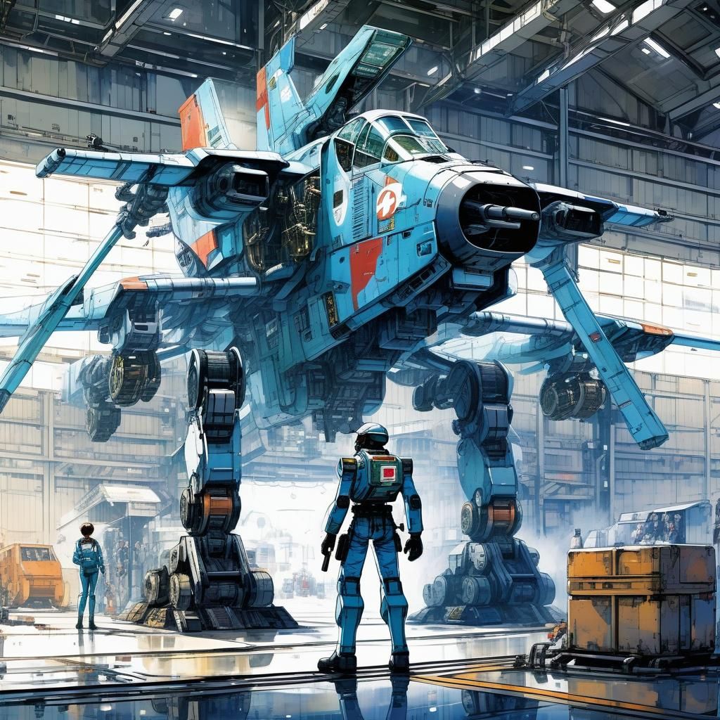 Iron Mech Hangar with Anime Pilot, Watercolor Style