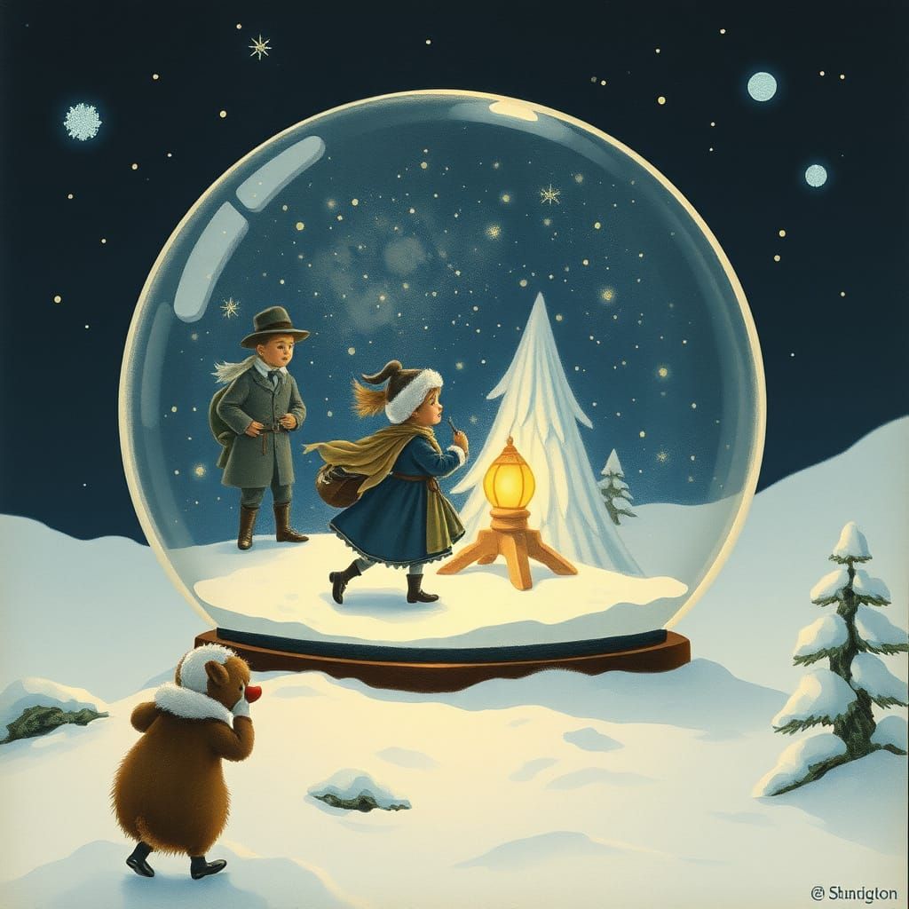 Explorers in Snow Globe, Vintage Illustration Style