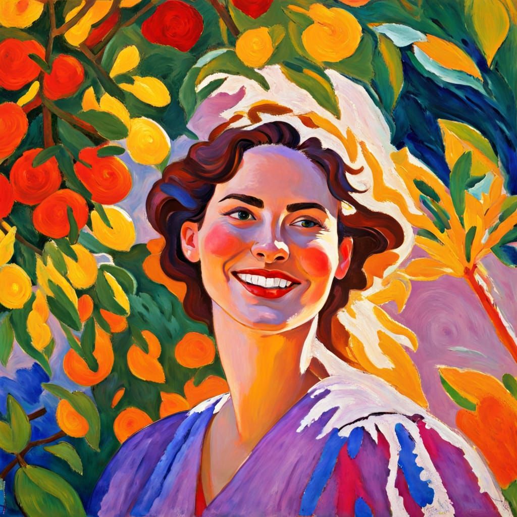 Smiling Woman in Garden, Fauvism Portrait