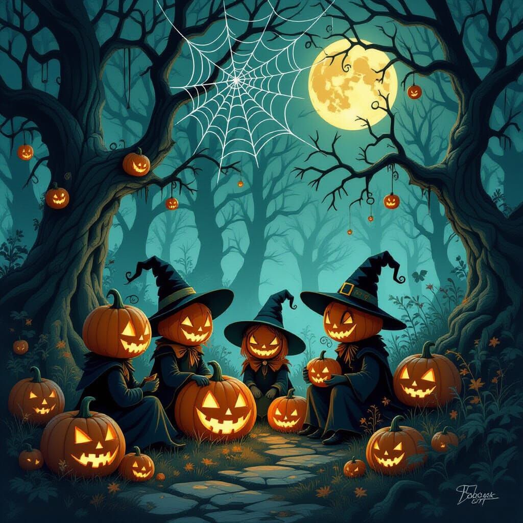 Whimsical Gothic Halloween Forest with Pumpkin Figures