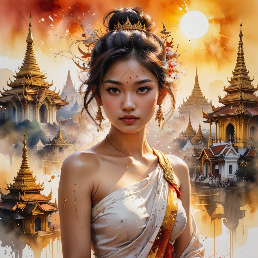 Yangon Myanmar Golden Hour Watercolour Cityscape