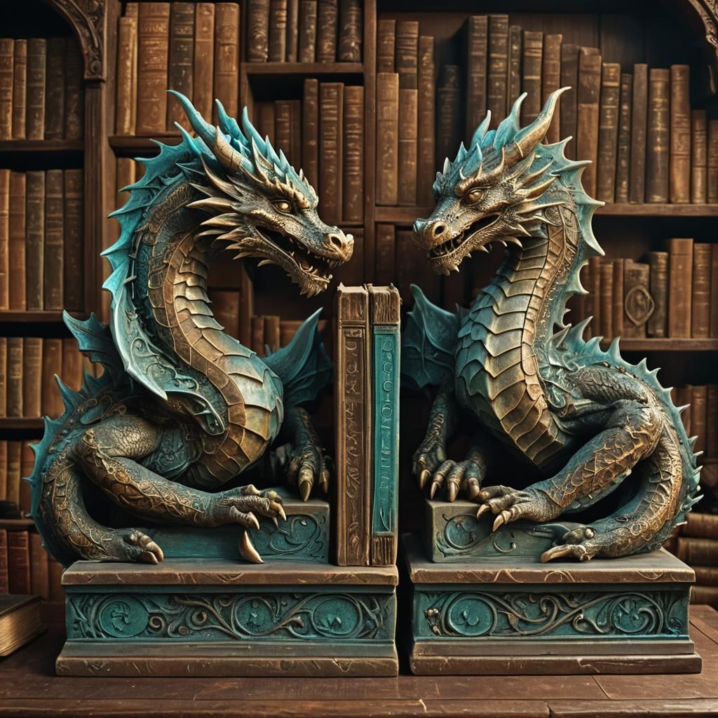 Stone Dragon Bookends in Epic Fantasy Style