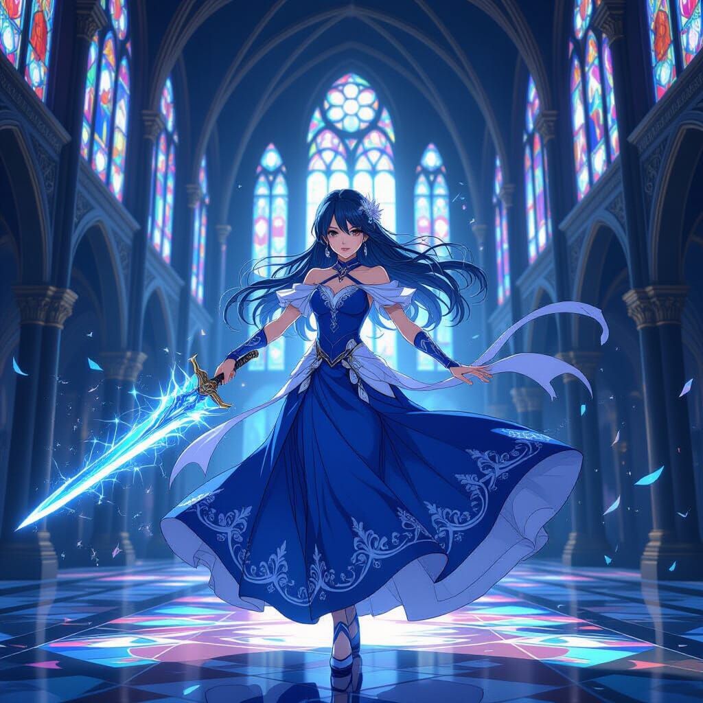 Anime Warrior with Energy Blade in Cathedral Setting