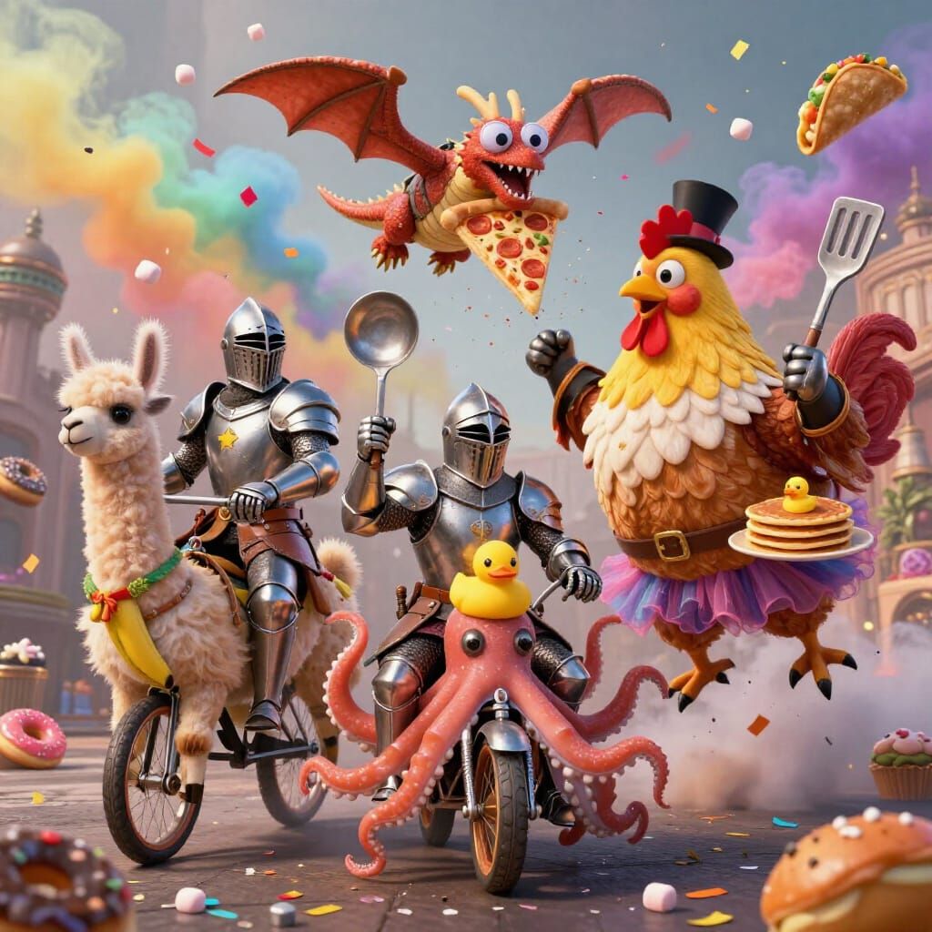 Absurd Knights Ride Whimsical Creatures in Chaotic Comedy