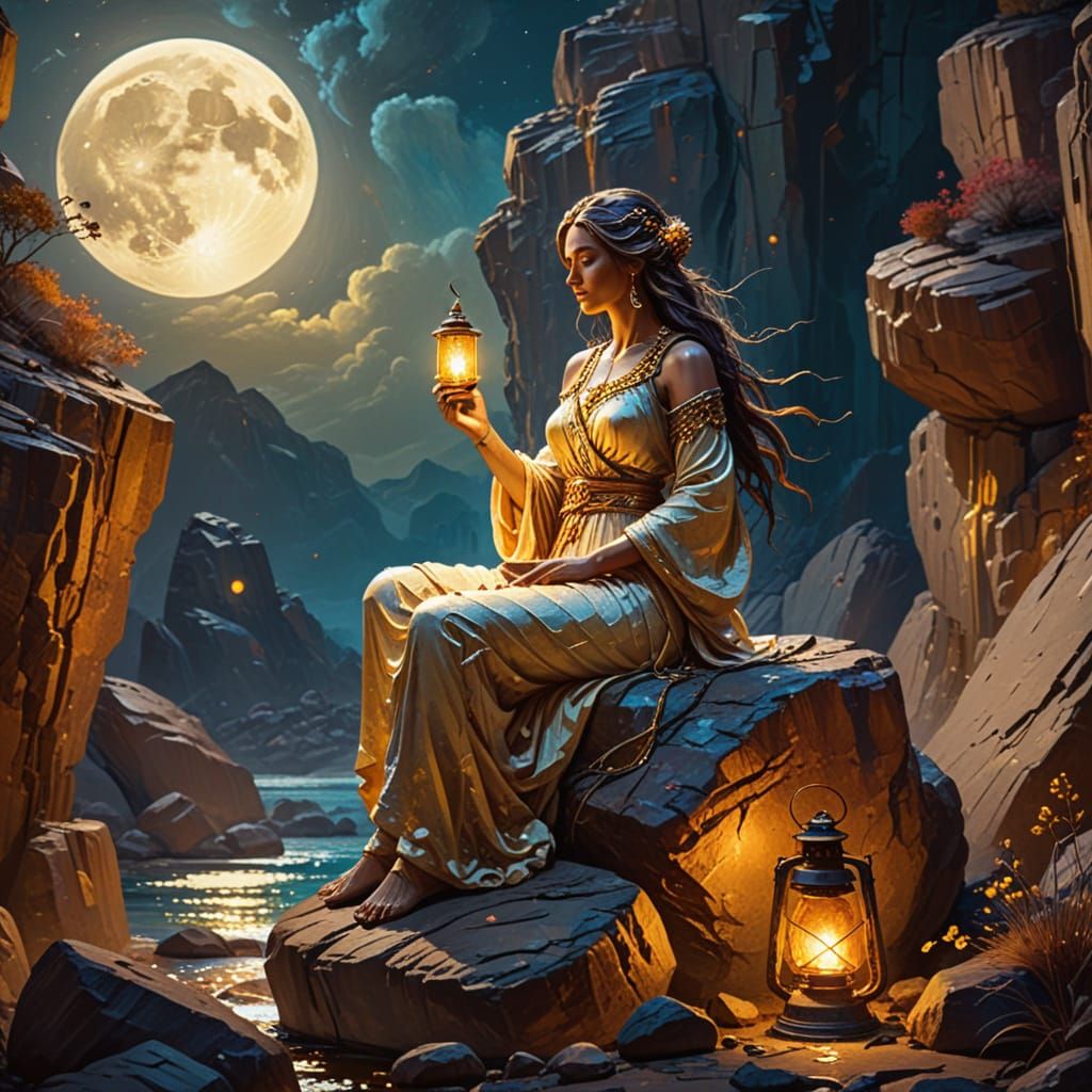 Moon Goddess with Lantern: Impasto Oil Painting