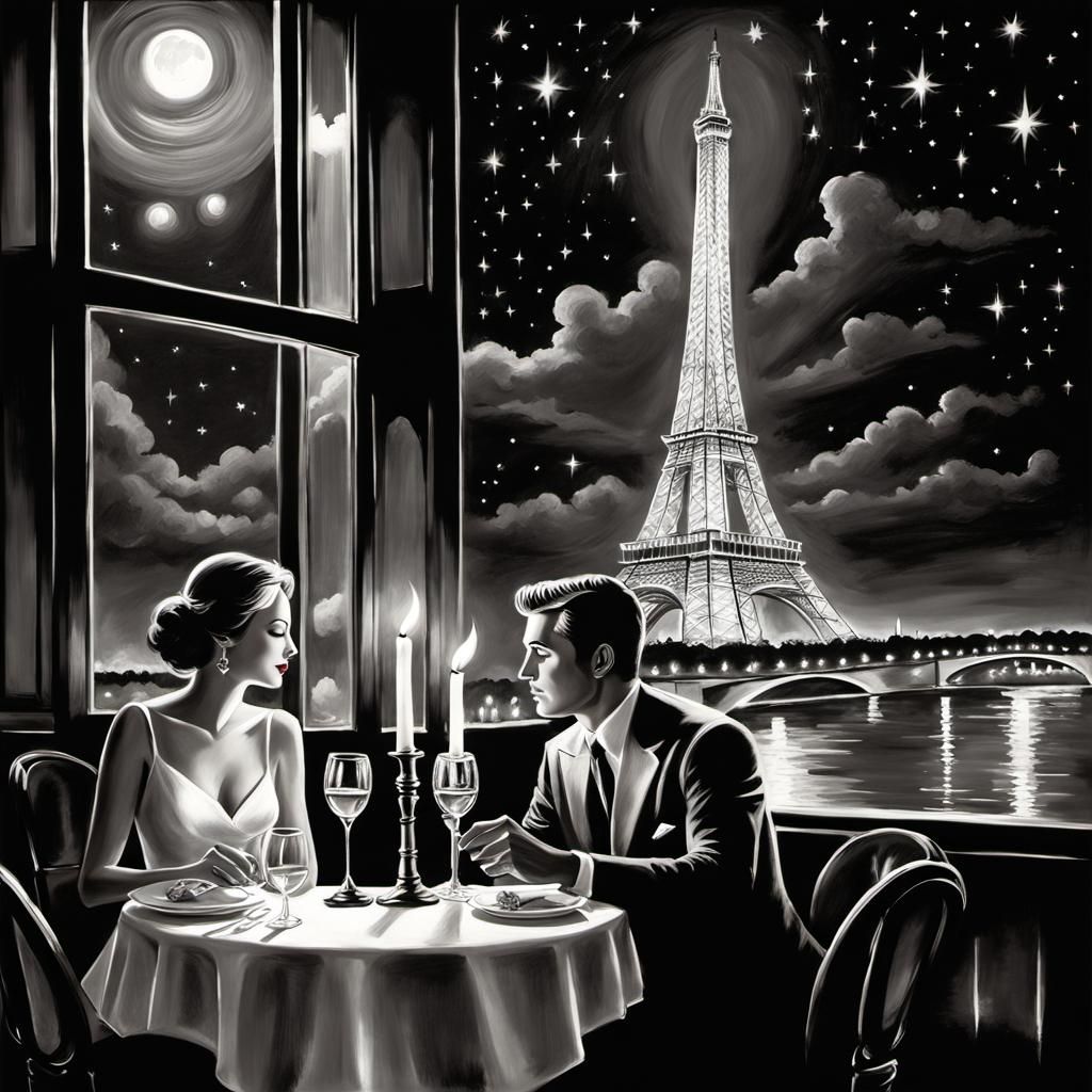 Romantic Candlelit Dinner in Paris: Charcoal Sketch