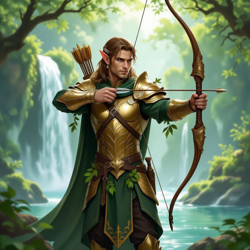 Elf Warrior in Golden Armor by Waterfall