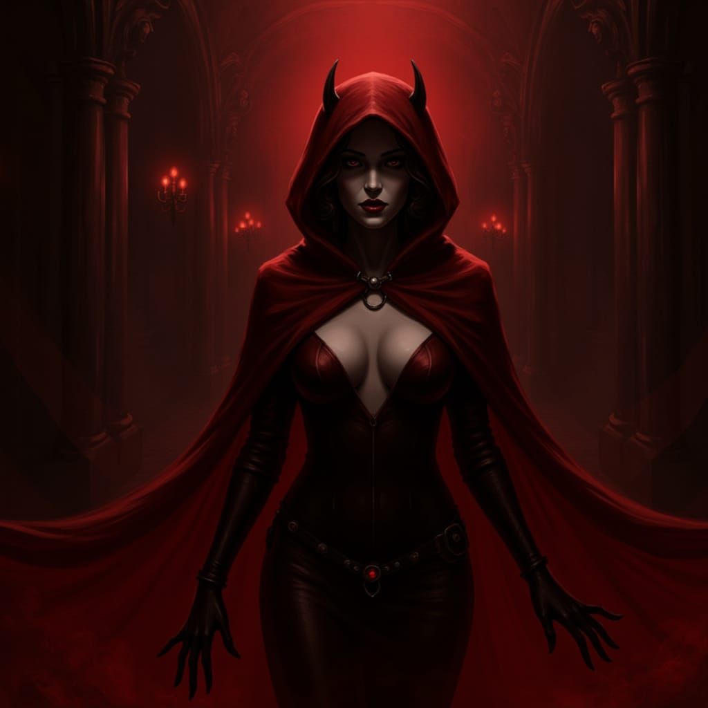 Gothic Woman in Red Cape, Monochrome and Red Art