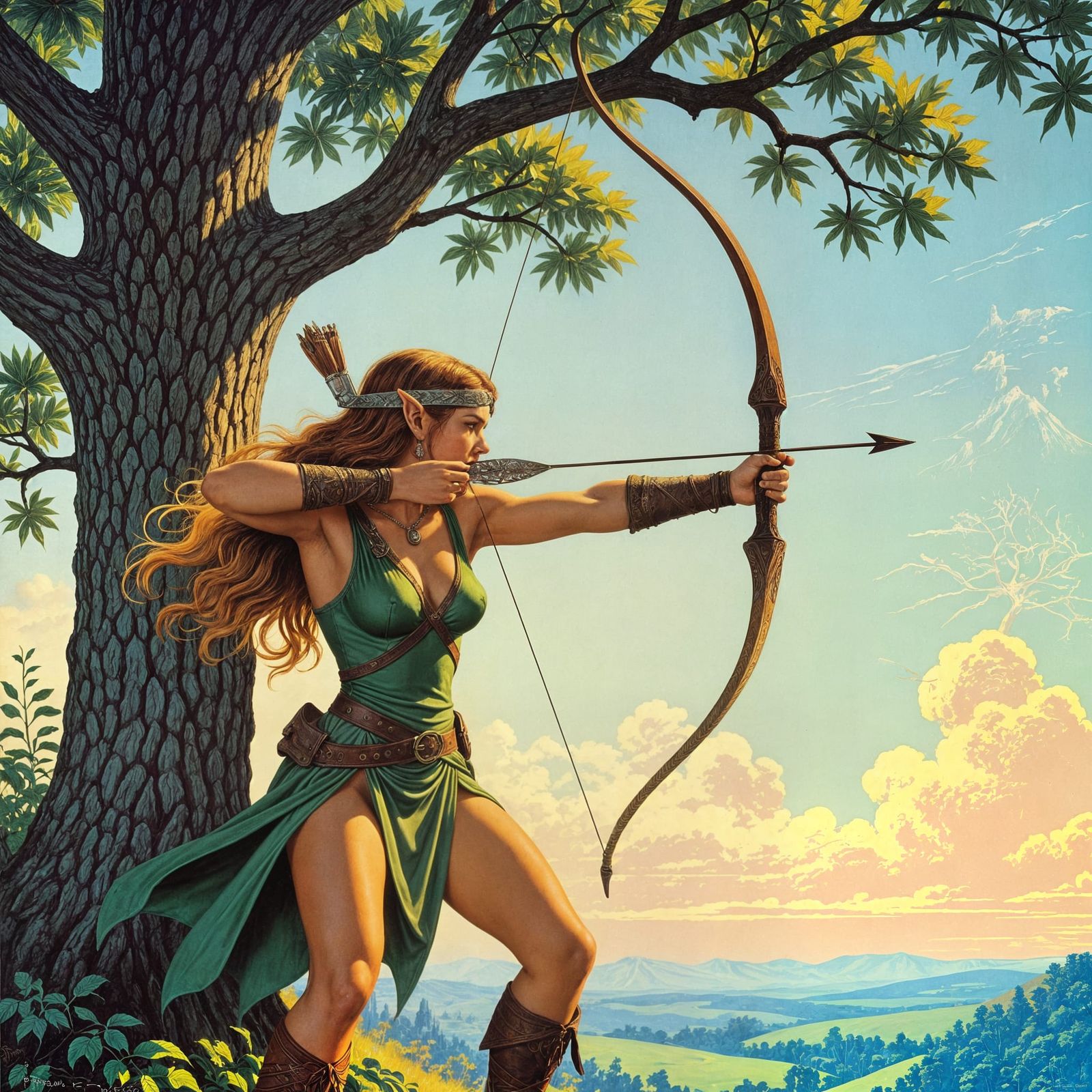 Beautiful Elven Archer Aiming From Tree Top