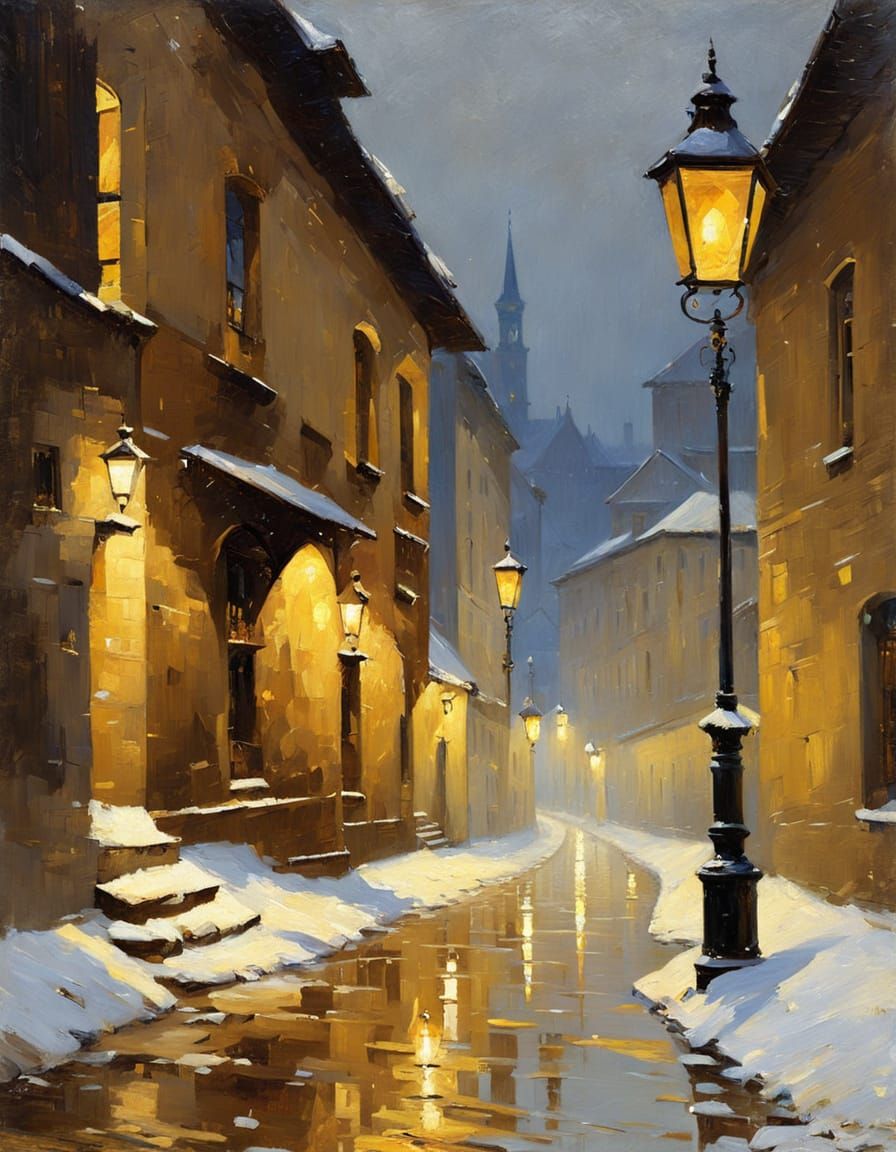 Winter Evening in an Old European Alley