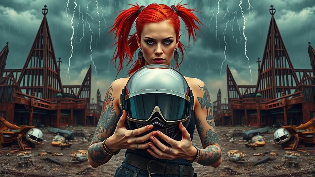 Punk Woman in Wasteland with Motorcycle Helmet