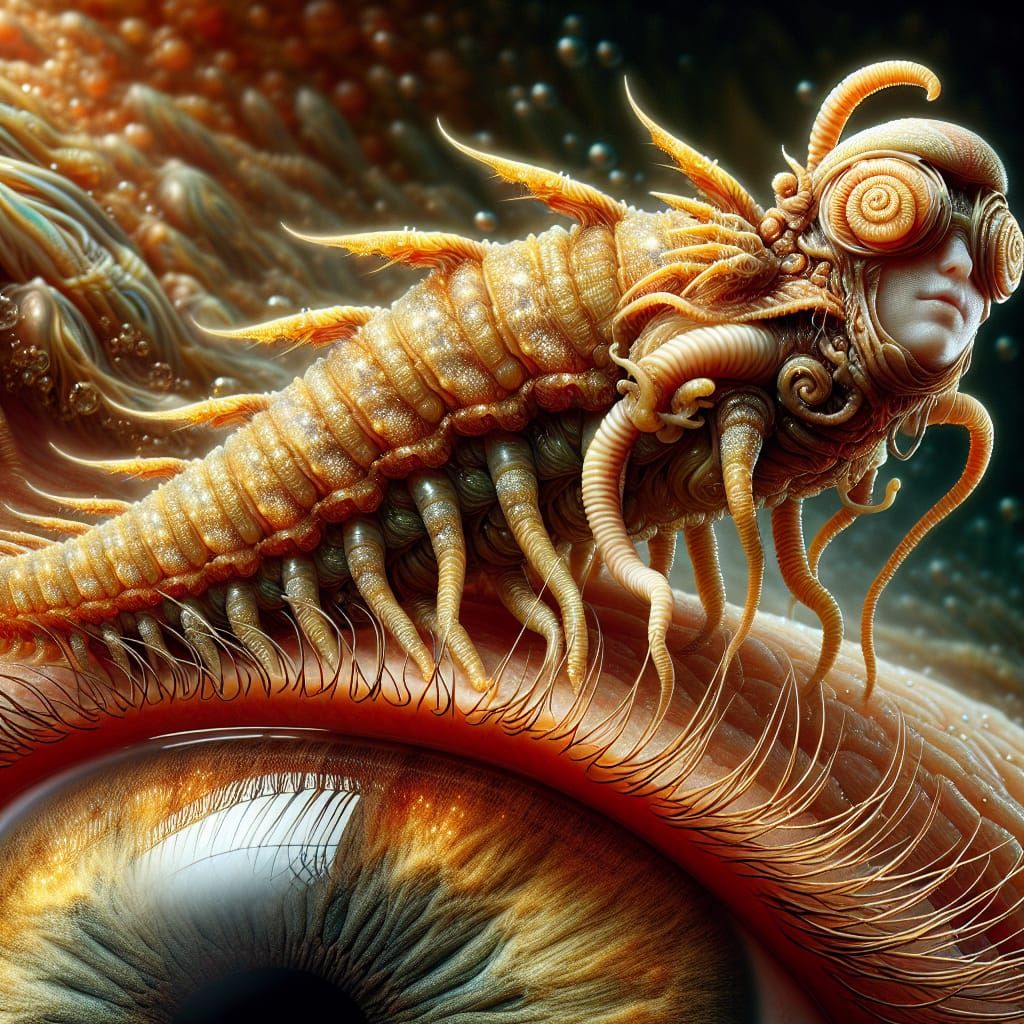 Surreal Creature Perched Under Eyelid: Golden Scales and Odd...