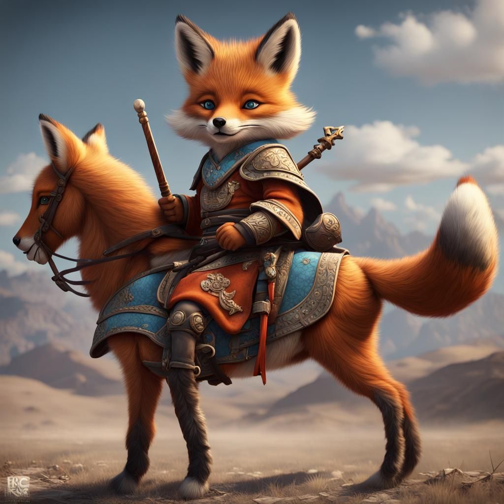Fox Cub Mongol Warrior on Horseback, Detailed Painting