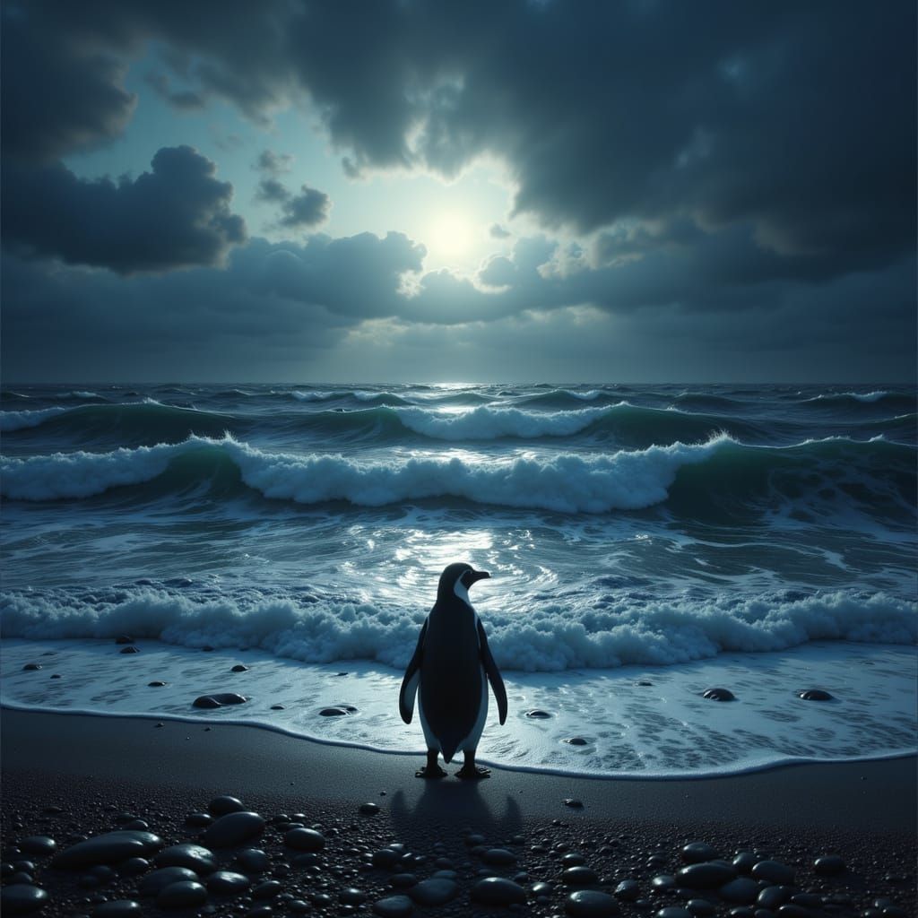 Solitary Penguin on Desolate Shore Under Twilight Sky