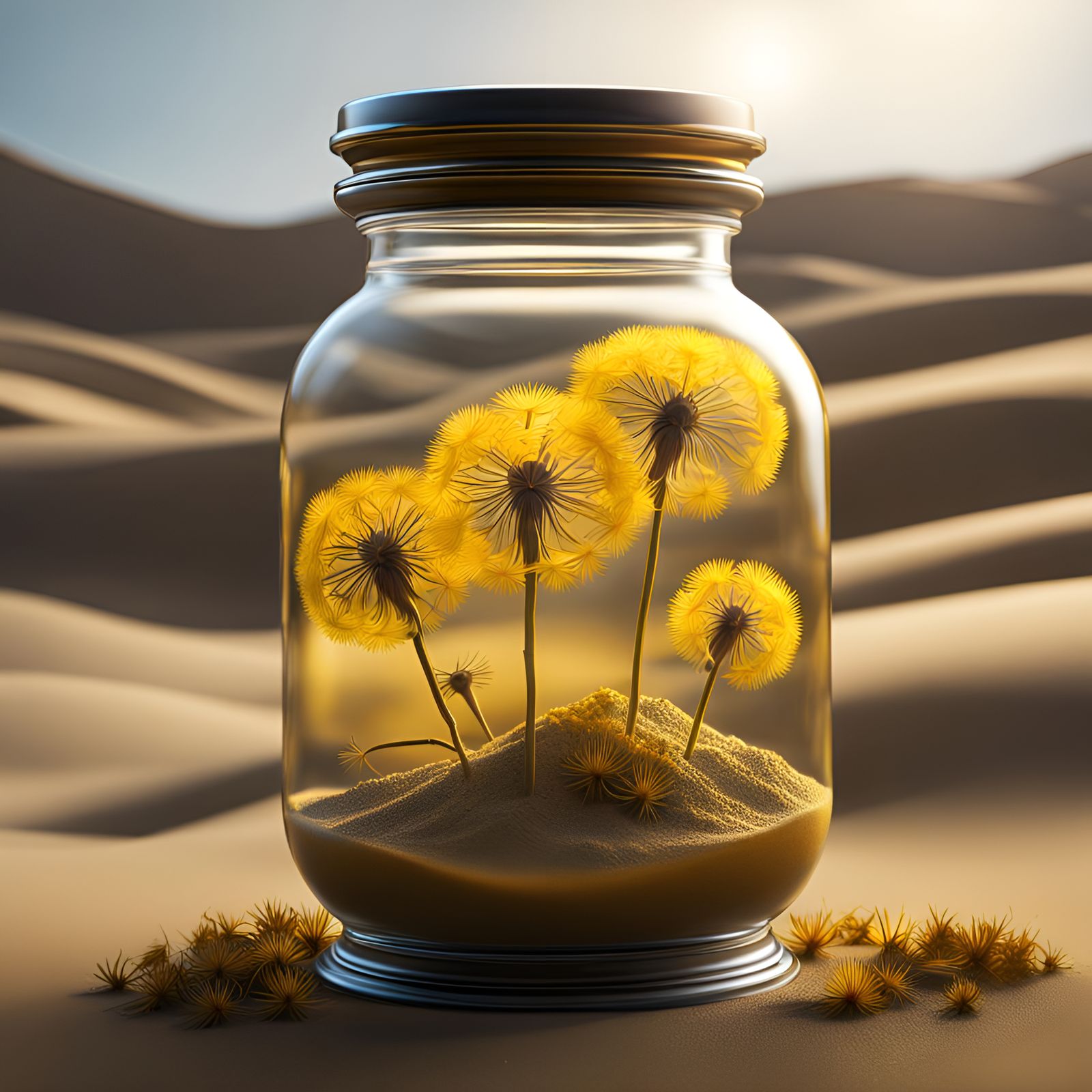 Glass Dandelion in Sand Jar: Fantasy Concept Art