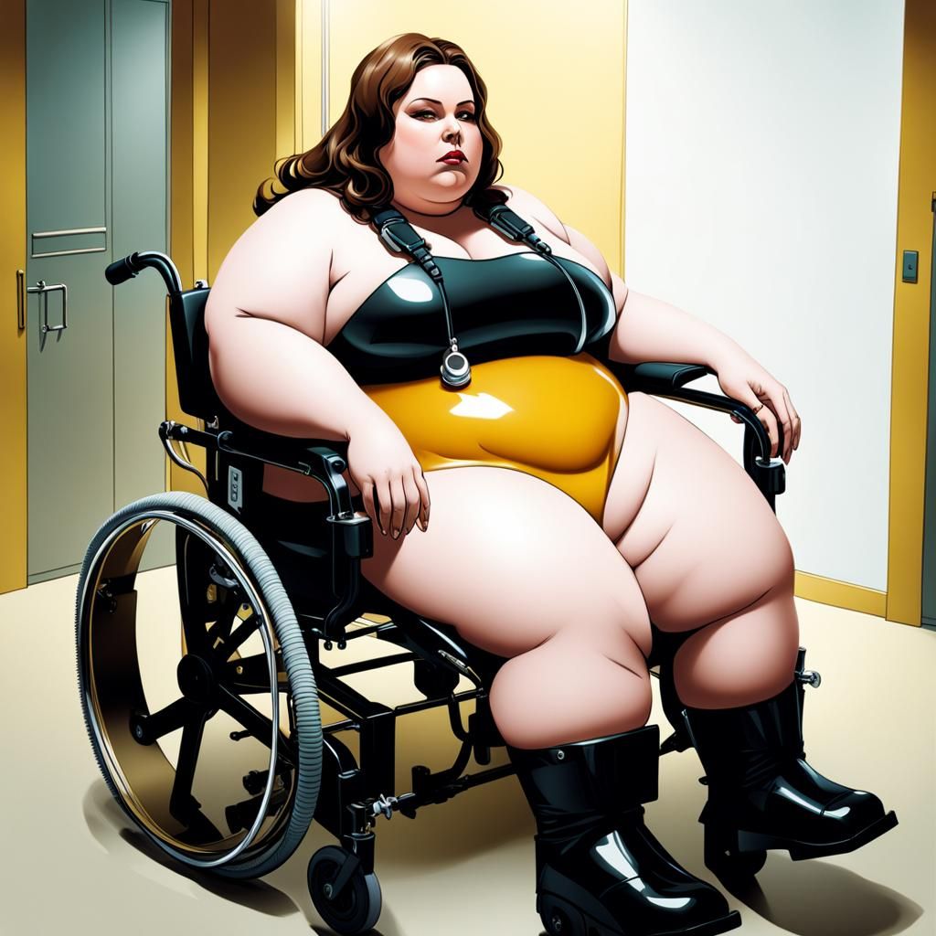 a ssbbw. she wears a brown latex medical suit,