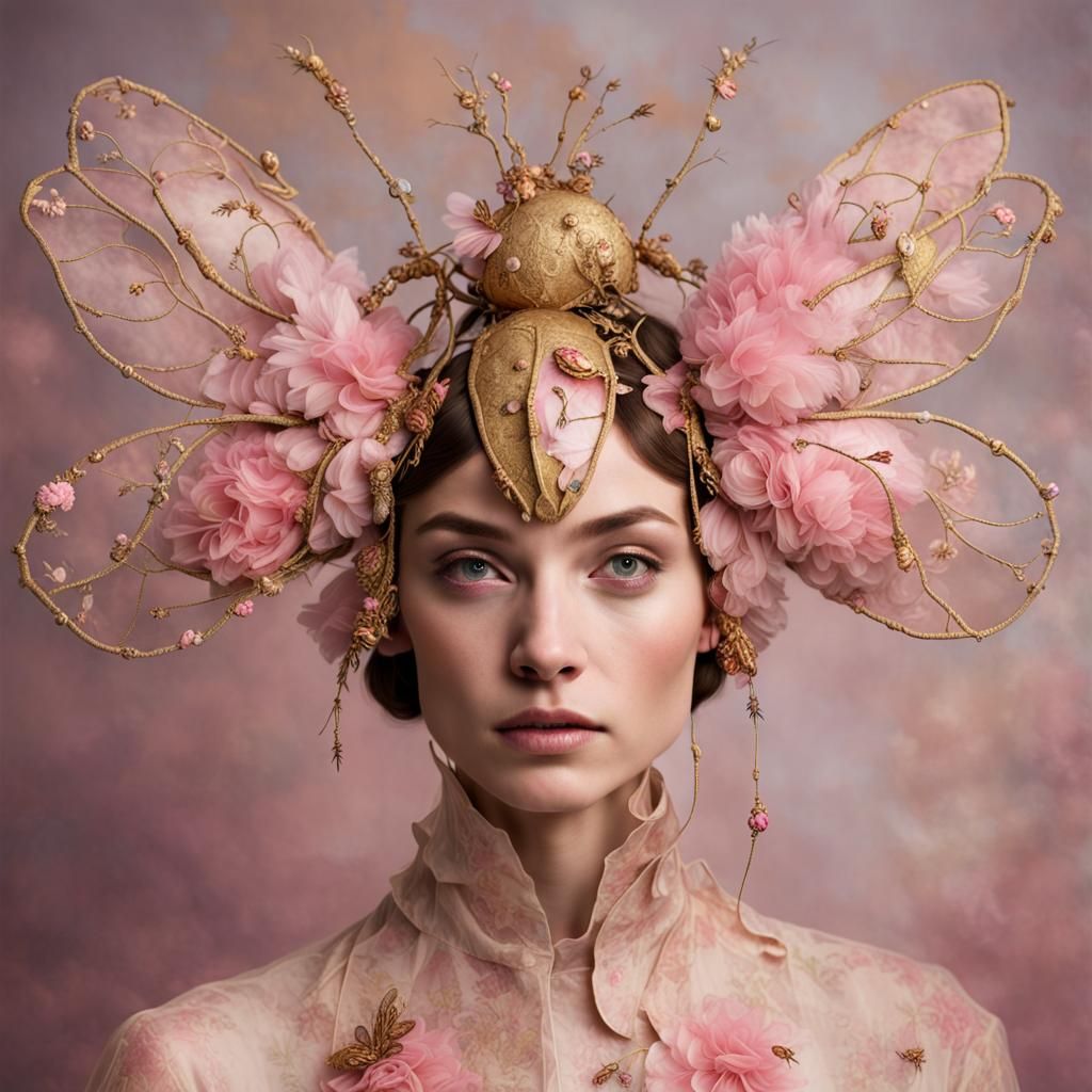 Avant-Garde Insect Headpiece with Floral Embroidery