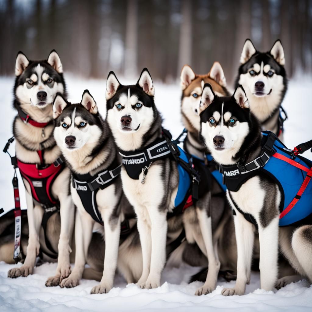 Siberian husky group photo, before Iditarod Trail Sled Dog Race