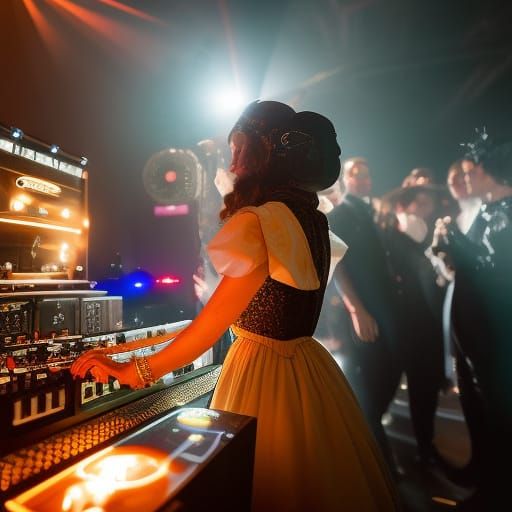 Victorian Lady DJing in Modern Nightclub