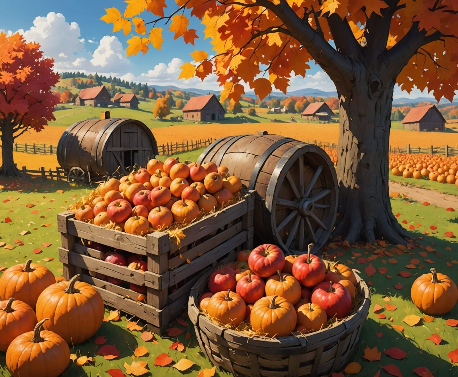 Autumn Harvest Scene with Apples, Pumpkins, and Grapes