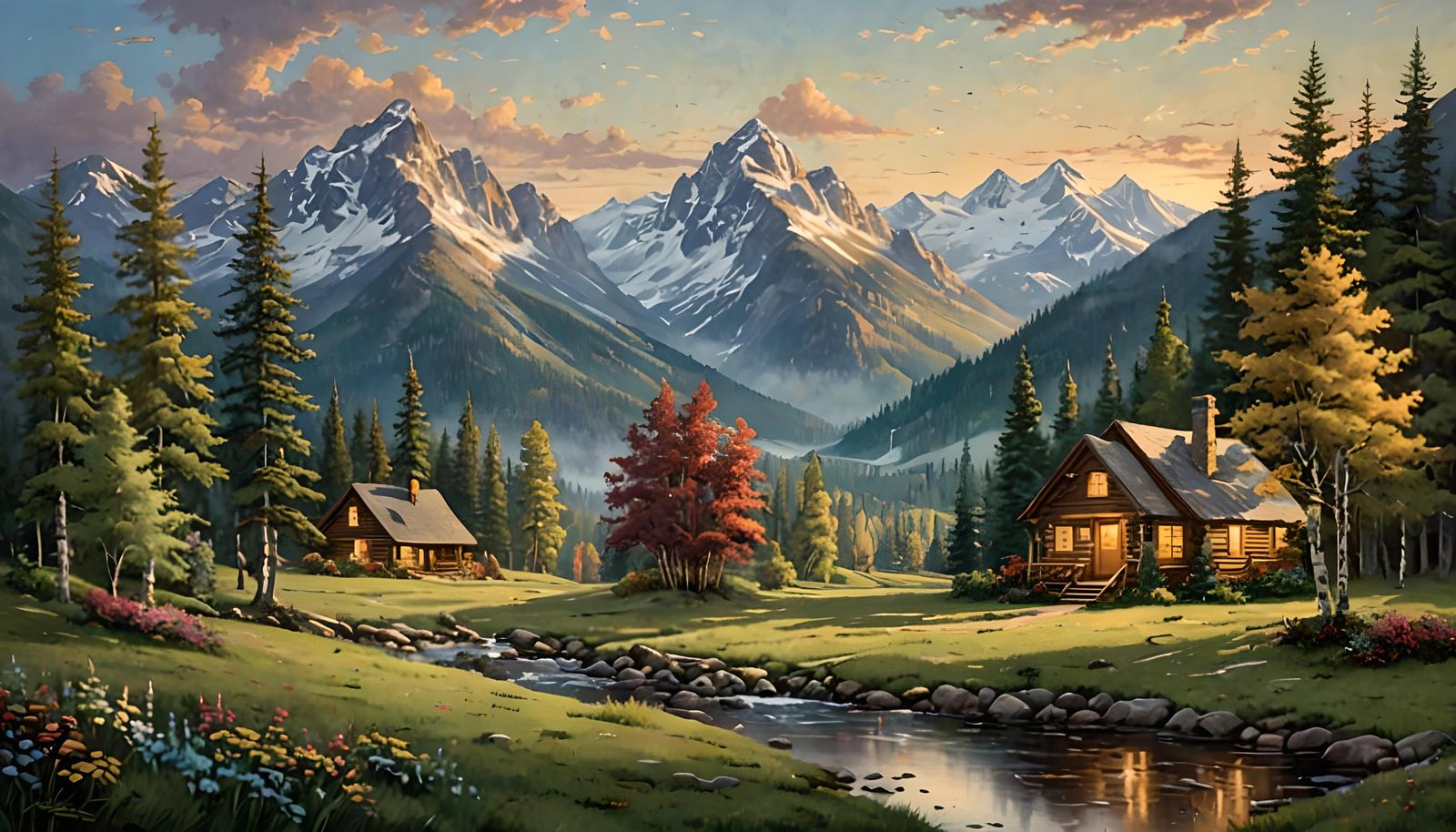 Cozy Cabin in Meadow at Dusk, Luminist Painting