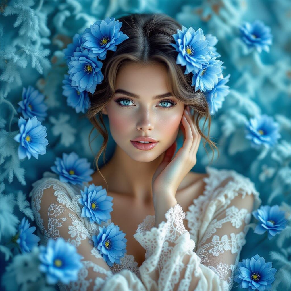 Glass Woman Wrapped in Blue Flowers: 3D Rendering