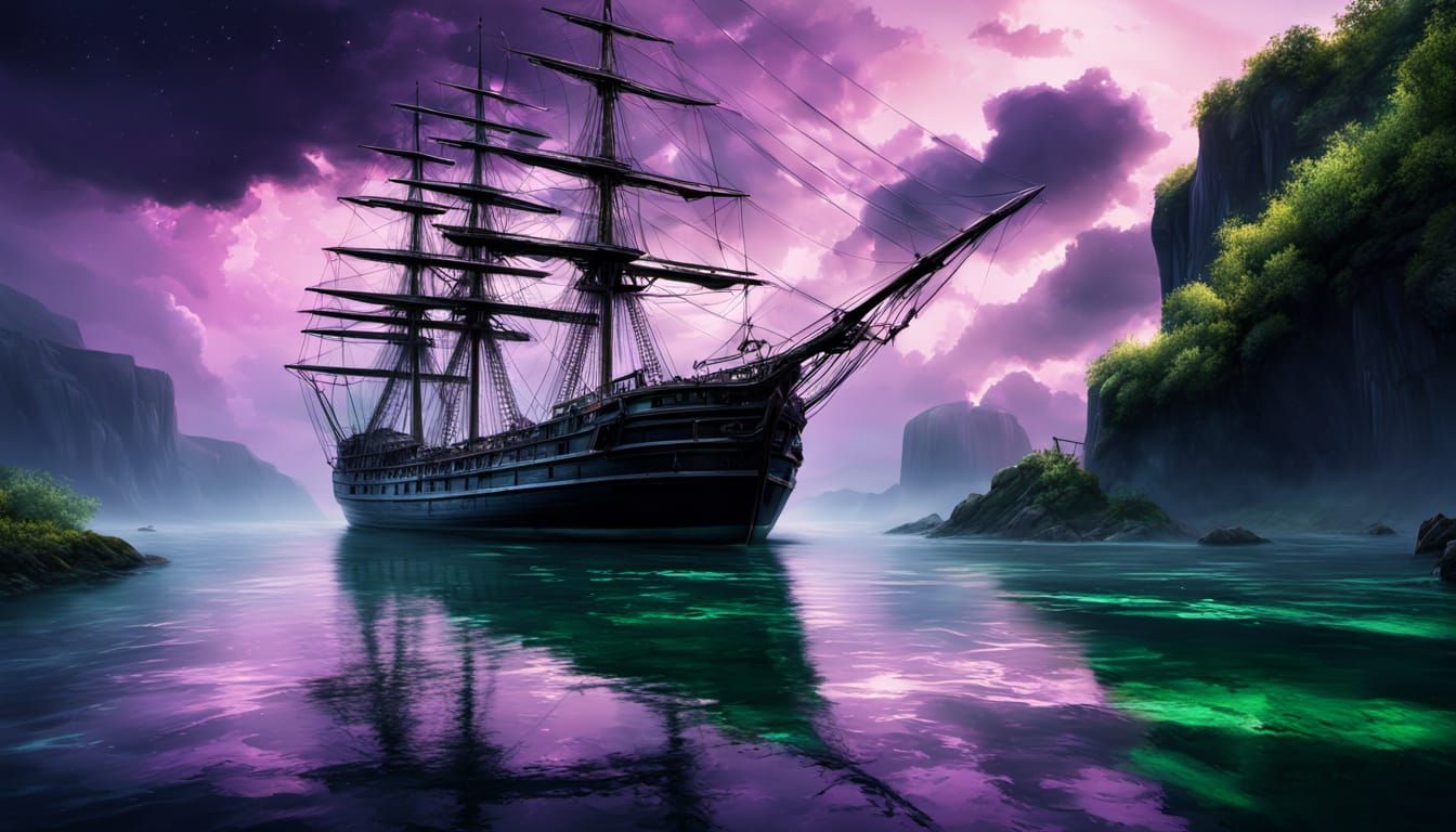 Old Sailing Ship Navigates Ocean Fissure: Oil Painting Style