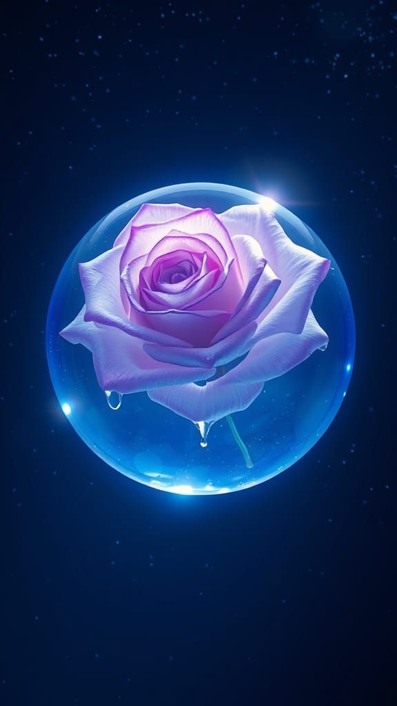 Majestic, glowing rose suspended within a radiant, crystalline sphere