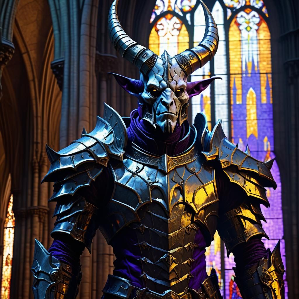 Dark Fantasy Horned Figure in Gothic Cathedral