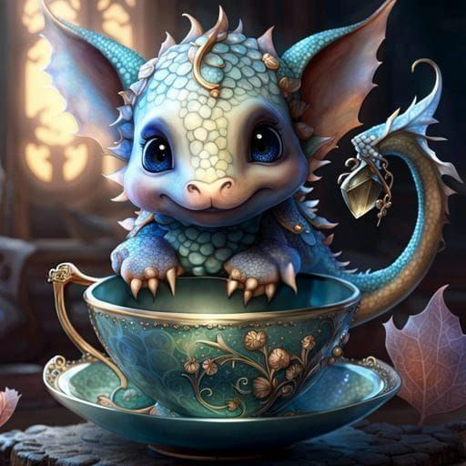 Baby Dragon in Elven Teacup: Whimsical Fantasy